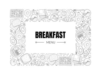 Breakfast Menu Banner Template, Morning Food Dishes Frame Vintage Hand Drawn Vector Illustration