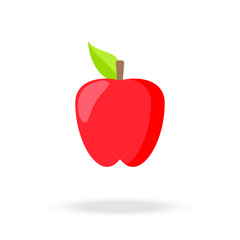 Red apple with stem and leaf. Healthy vegetarian food.  Element of education illustration.  Vector isolated illustration on white background