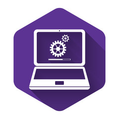 White Laptop and gears icon isolated with long shadow. Laptop service concept. Adjusting app, setting options, maintenance, repair, fixing laptop concepts. Purple hexagon button. Vector Illustration