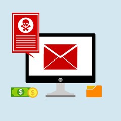 Flat design style modern vector illustration concept of computer and laptop with virus alert message, trojan and worm distribution via internet, software, equipment, antivirus and firewall protection.