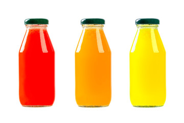 Diffrent bottle of juice isolated on white background.