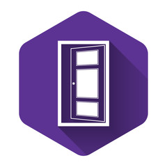 White Open door icon isolated with long shadow. Purple hexagon button. Vector Illustration