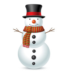 Snowman with hat and scarf isolated on white background. Vector illustration