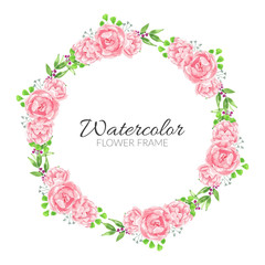 Watercolor pink peony flower circle frame
