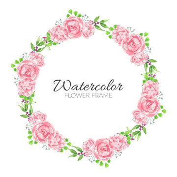 Watercolor pink peony flower circle frame