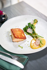 Salmon steak fillet and garnished with young broccoli. Restaurant menu, a series of photos of different dishes