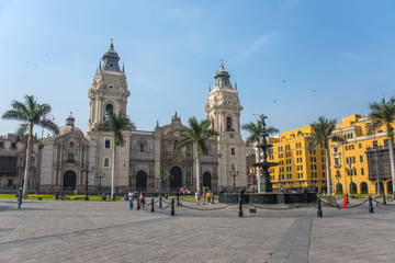 Fototapeta premium Facade of Cathedral of Lima and Plaza de Armas (Peru)