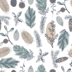 Vector  seamless pattern with hand drawn Christmas plants