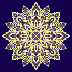 Color circular pattern in form of mandala with flower for decoration or print. Decorative ornament in ethnic oriental style. Gold design on blue background.
