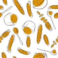 Hand drawn spiceTurmeric. Vector seamless pattern. Sketch illustration