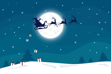 Santa Claus riding a deer with a gift box in the sky with white snow falling on the ground.
