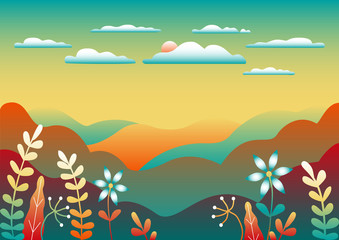 Fototapeta na wymiar Countryside landscape. Beautiful nature with mountains, hills, field, trees and sky and sun. Cartoon illustration vector background flat style design. Trendy bright colors blue, yellow, red