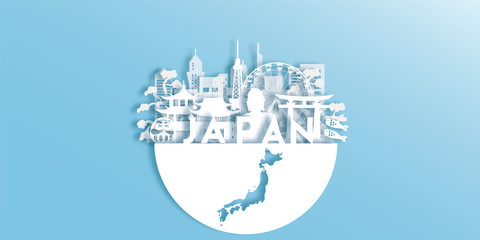 Obraz premium Japan Travel postcard panorama, poster, tour advertising of world famous landmarks of Japan in paper cut style.