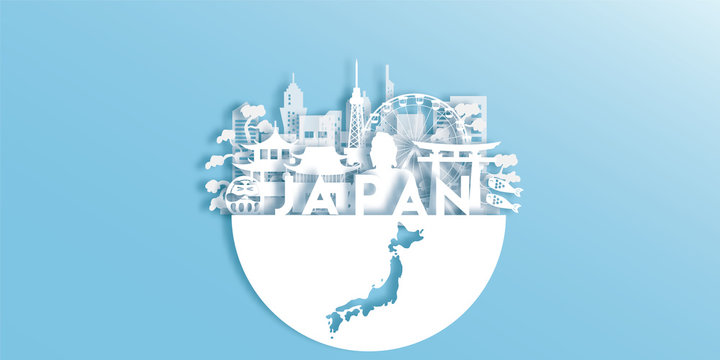 Japan Travel postcard panorama, poster, tour advertising of world famous landmarks of Japan in paper cut style.