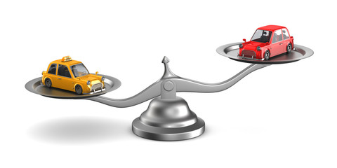 car and taxi on scales. Isolated 3D illustration