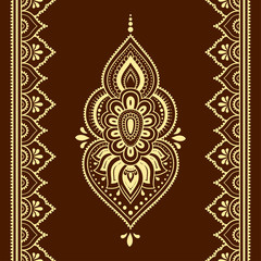 Fototapeta na wymiar Seamless pattern of mehndi lotus flower and border for Henna drawing and tattoo. Decorative doodle ornament in ethnic oriental, Indian style. Outline hand draw vector illustration.