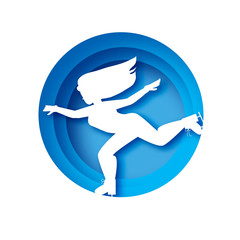 Origami white woman silhouette of figure skater on a white background. Ice skating in paper cut style. Winter sport time. Blue. Circle tunnel frame. © masherdraws