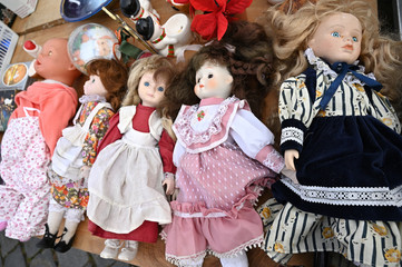 old dolls flea market group objects