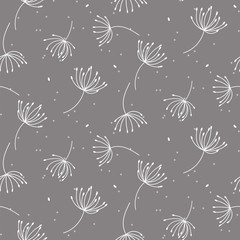 Seamless pattern texture with outline dandelions on gray background.