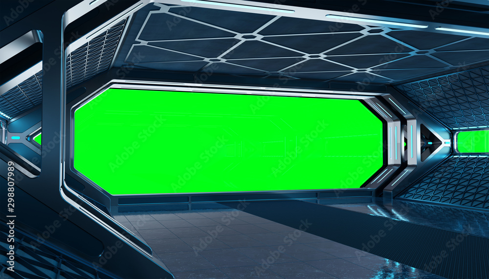 Poster dark blue spaceship futuristic interior mockup with window 3d rendering