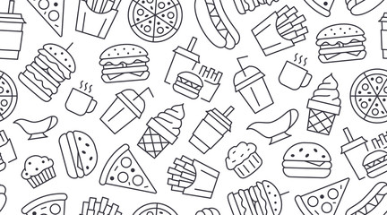 Fast food seamless pattern with vector line icons of hamburger, pizza, hot dog, beverage, cheeseburger. Restaurant menu background, tasty unhealthy lunch
