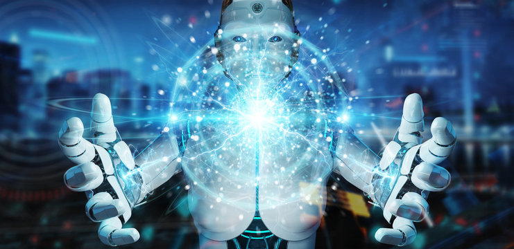 White robot creating renewable and sustainable eco energy with electrical sphere 3D rendering