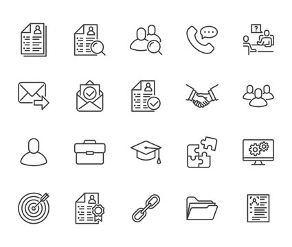 Resume flat line icons set. Hr human resources, job application, interview employee profile, teamwork, work experience vector illustrations Portfolio outline signs Pixel perfect 64x64 Editable Stroke