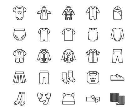 Baby clothes flat line icons set. Bodysuit, coverall, romper, buster suit, newborn nest, girl dress vector illustrations. Outline signs for children fashion store. Pixel perfect 64x64 Editable Stroke