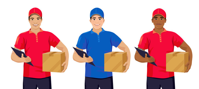 Set of young delivery men: Asian, European, African American. Smiling male courier wearing t-shirt and cap holding box and clipboard. Front view. Vector illustration isolated on white background.