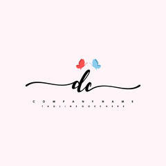 Initial DC with a butterfly on the handwriting Logo vector. Letter Logo Handwriting Template. two blue and ping butterflies