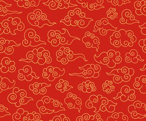 Fototapeta na wymiar Chinese clouds pattern. Traditional asian ornament. Red decorative swirling sky cloud in japanese style vector seamless fabric texture. Chinese and korean oriental traditional pattern illustration