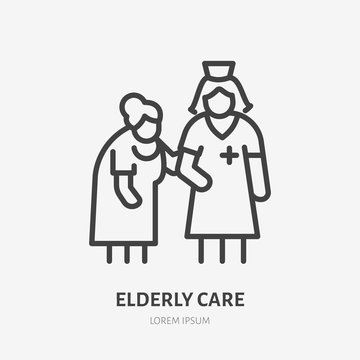 Doctor with old patient flat line icon. Nurse helping grandmother walk vector illustration. Thin sign of elderly care hospital