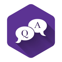 White Question and Answer mark in speech bubble icon isolated with long shadow. Q and A symbol. FAQ sign. Copy files, chat speech bubble and chart web icons. Purple hexagon button. Vector Illustration