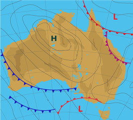 Australia map. Meteologic weather forecast on the map of Australia. Contour card background. - obrazy, fototapety, plakaty