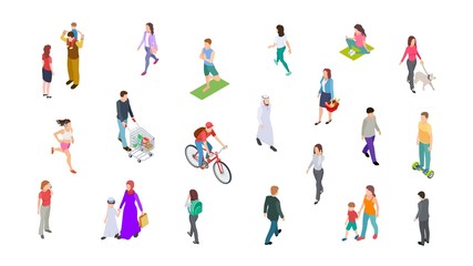 Fototapeta Different people. Isometric persons, kids, men, women. 3d vector active people walk, businessman, athletes isolated on white background. Woman and man walk, run and ride illustration obraz