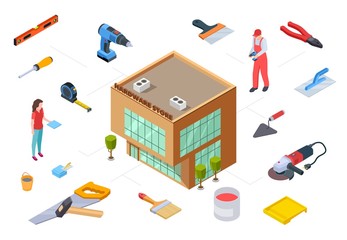 Hardware store concept. Construction supplies isometric collection. Vector 3D store building supplies tools for construction repair design. Illustration equipment tool to repair