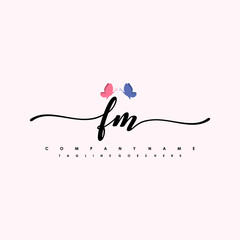 Initial FM with a butterfly on the handwriting Logo vector. Letter Logo Handwriting Template. two blue and ping butterflies