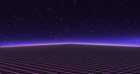 Retro Sci-Fi Background Futuristic Grid landscape of the 80`s. Digital Cyber Surface. Suitable for design in the style of the 1980`s. 3D illustration