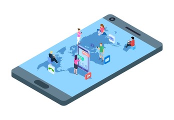 Social media concept. Isometric people with phones, laptop on world map. Worldwide communication vector illustration. World communication network, connection community use internet
