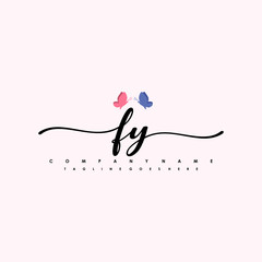 Initial FY with a butterfly on the handwriting Logo vector. Letter Logo Handwriting Template. two blue and ping butterflies