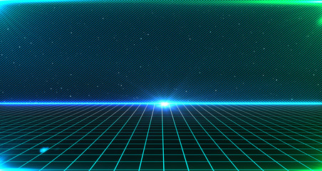Retro Sci-Fi Background Futuristic Grid landscape of the 80`s. Digital Cyber Surface. Suitable for design in the style of the 1980`s. 3D illustration