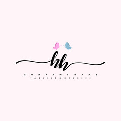 Initial HH with a butterfly on the handwriting Logo vector. Letter Logo Handwriting Template. two blue and ping butterflies