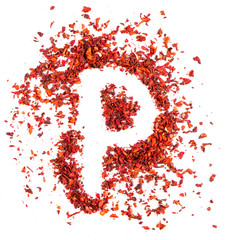 Crushed paprika in the shape of the letter p on a white background. Concept, copy space.