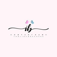 Initial IB with a butterfly on the handwriting Logo vector. Letter Logo Handwriting Template. two blue and ping butterflies