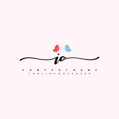 Initial IO with a butterfly on the handwriting Logo vector. Letter Logo Handwriting Template. two blue and ping butterflies