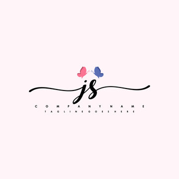 Initial JS with a butterfly on the handwriting Logo vector. Letter Logo Handwriting Template. two blue and ping butterflies