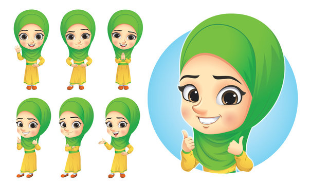 Muslim Little Girl Mascot Character Set