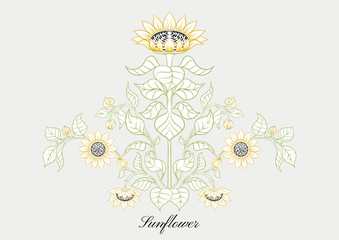 Sunflower. Set of elements for design Colored vector illustration. Outline hand drawing in art nouveau style, vintage, old, retro style..