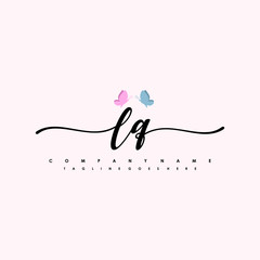 Initial LQ with a butterfly on the handwriting Logo vector. Letter Logo Handwriting Template. two blue and ping butterflies