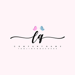Initial LQ with a butterfly on the handwriting Logo vector. Letter Logo Handwriting Template. two blue and ping butterflies